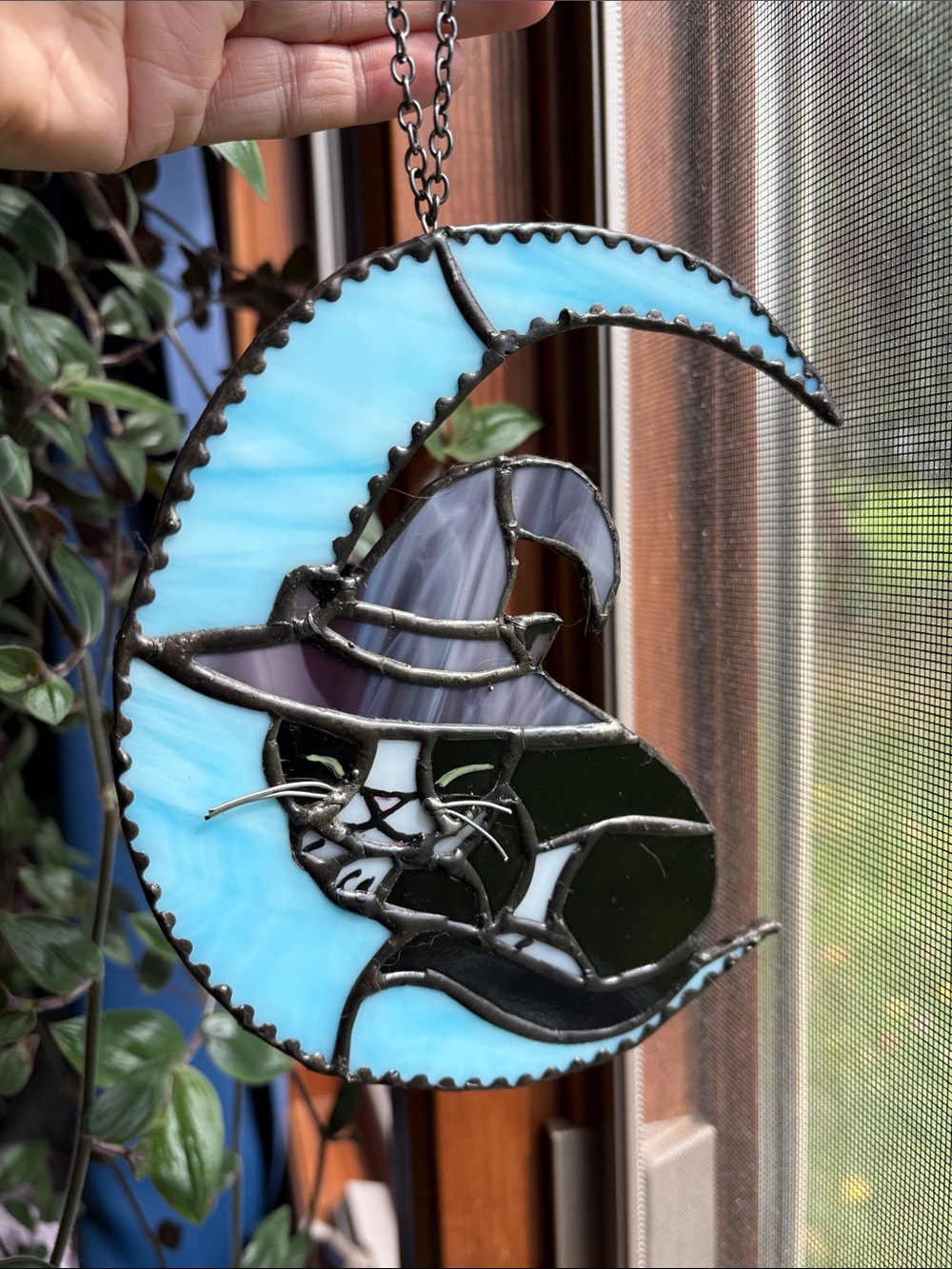 Handcrafted Stained Glass Cat on Blue Crescent Moon - Decorative Home Art
